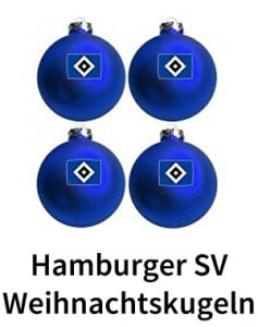 Blaue Christbaumkugel mit Aufdruck des HSV Logos.